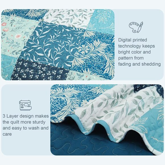 New Blue Floral Patchwork Reversible 3-Piece Bedding Quilt Set • QUEEN - Picture 4 of 5
